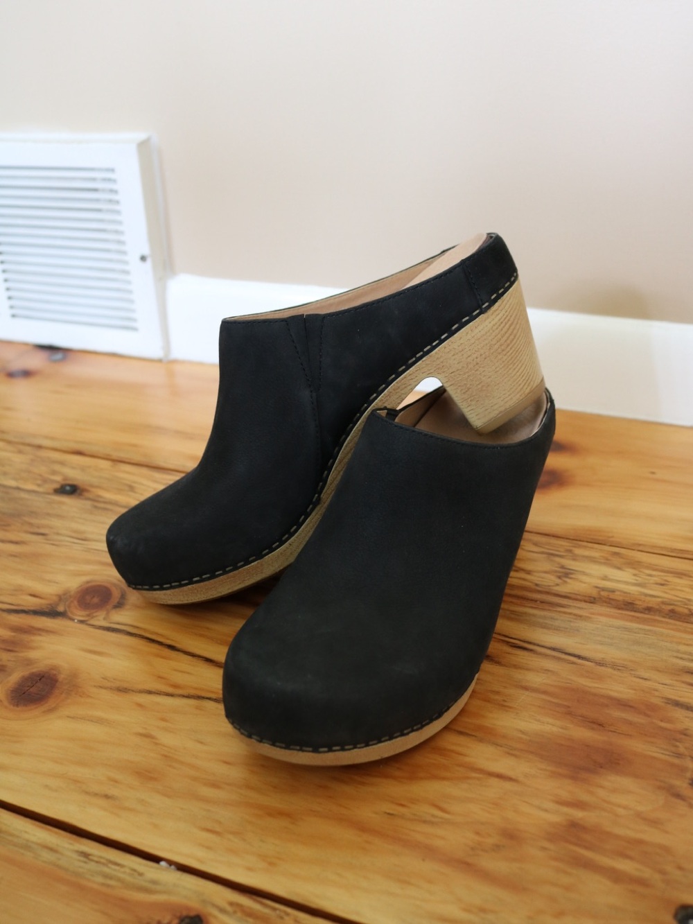 Dansko Black Nubuck Clog Mules with Wood-Look Heel